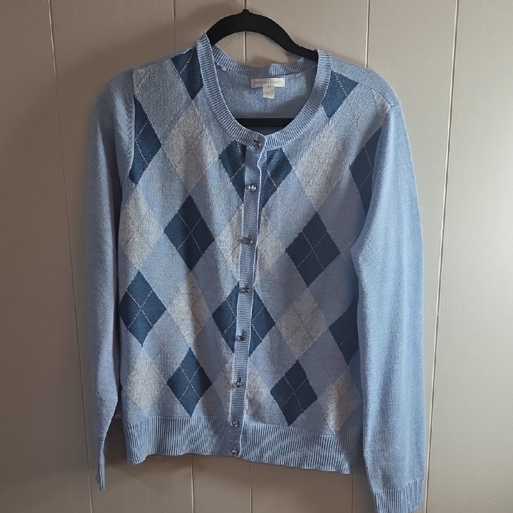 New York & Company Blue Argyle Cardigan XL